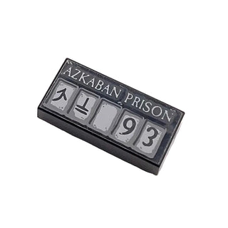 Tile 1 x 2 with Light Bluish Gray 'AZKABAN PRISON' and Squares, Black Runes and '93' Pattern, Part# 3069pb0818 Part LEGO® Black