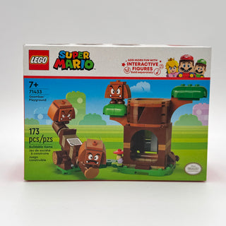 LEGO Super Mario set 71433 box showing brown Goomba figures, green pipe structure, and castle tower with 173 pieces.