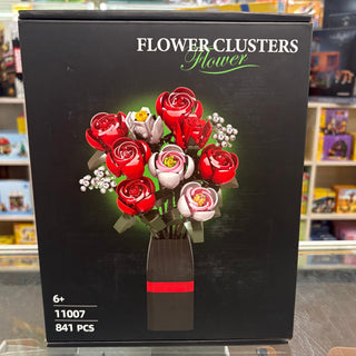 Black box packaging for Flower Clusters building set 11007 with illustration of red and pink roses in brown vase, 841 pieces,