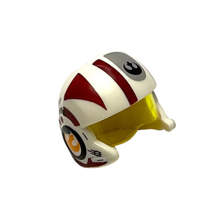 Minifigure, Headgear Helmet SW Rebel Pilot Raised Front and Microphone with Trans-Yellow Visor with Dark Red Stripes and Black Rebel Alliance Symbol Pattern, Part# 21566c01pb02 Part LEGO® White Very Good