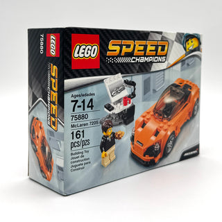 LEGO Speed Champions McLaren 720S set box 75880 with orange car model, minifigure, and 161 pieces for ages 7-14.