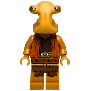 Yellow Ithorian minifigure with large elongated head, side-facing eyes, orange robes, brown belt with details, and yellow han