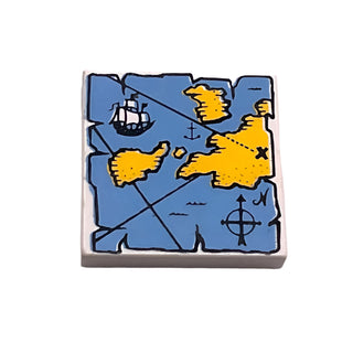 Tile 2x2 with Map with Blue Water, Yellow Land, Ship, and Black Letter X Treasure Marker Pattern, Part# 3068px9 Part LEGO® White
