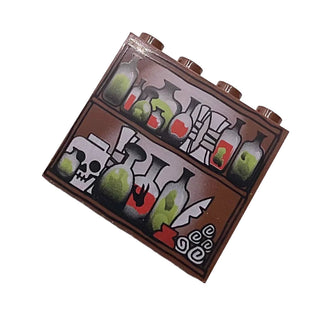 Panel 1 x 4 x 3 - Hollow Studs with Potions, Scrolls, and Skull on Shelves Pattern, Part# 4215bpx1 Part LEGO® Brown Very Good