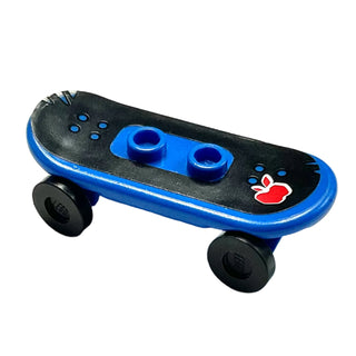 Minifigure, Utensil Skateboard Deck with Red Apple with White Outline on Black Background Pattern (Sticker) with Black Wheels (42511pb25 / 2496), Part# 42511c01pb25 Part LEGO® Blue