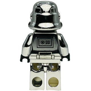 Chrome silver and black LEGO Stormtrooper minifigure with detailed helmet, armor printing, and articulated limbs.