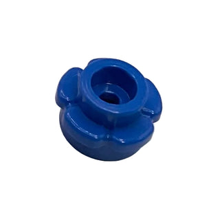Blue plastic flower-shaped connector with round center opening and four petal-like protrusions.
