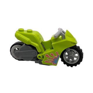 Stuntz Flywheel Motorcycle Sport Bike with Frame, Wheels, and Handlebars with Medium Blue and Coral Splotch Pattern, Part# 75533pb02c01 Part LEGO® Lime