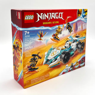 LEGO NINJAGO Dragons Rising set 71791 box showing white and teal race car with minifigures and golden dragon elements.