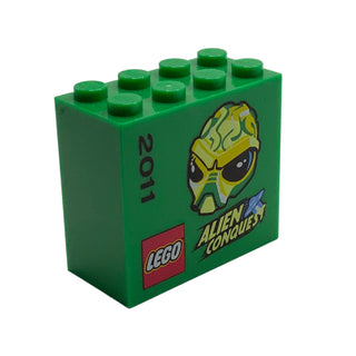 Brick 2 x 4 x 3 with Alien Conquest 2011 Pattern, Part# 30144pb107 Part LEGO® Green Very Good