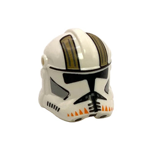 Minifigure, Headgear Helmet SW Clone Trooper Commander Cody (Phase 2) with Holes with Black Visor and Dark Tan and Orange Markings Pattern, Part# 2019pb01 Part LEGO® White Very Good