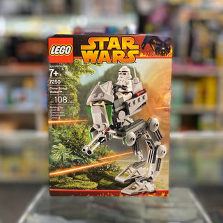 LEGO Star Wars Clone Scout Walker set 7250 box showing assembled walker with minifigure and jungle background.