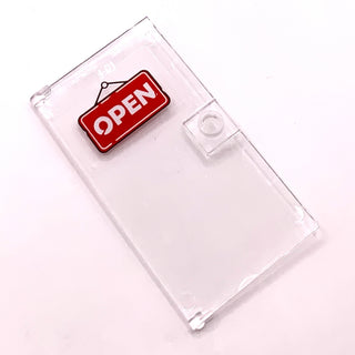 Door 1 x 4 x 6 with Stud Handle with 'OPEN' Sign on Red Background Pattern (Sticker), Part# 60616pb041 Part LEGO® Trans-Clear Very Good