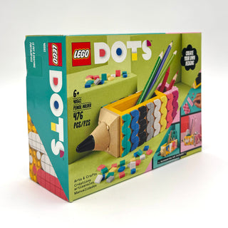 LEGO DOTS pencil holder set 40561 with wooden base, colorful dot tiles, and pencils displayed in holder.