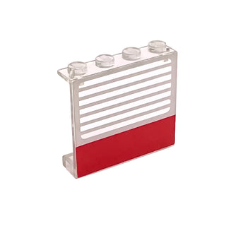 Panel 1 x 4 x 3 - Solid Studs with Thick Red Stripe and Thin White Stripes Pattern, Part# 4215ap01 Part LEGO® Trans-Clear Very Good