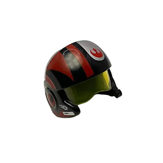 Minifigure, Headgear Helmet SW Rebel Pilot Raised Front and Microphone with Trans-Yellow Visor with Red Stripes and White Stripes and Rebel Alliance Symbol Pattern, Part# 21566c01pb01 Part LEGO® Black Very Good