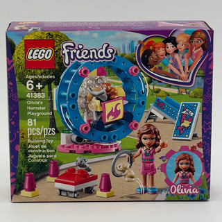 LEGO Friends set 41383 box showing blue hamster wheel playground with pink and yellow elements, minifigure, and accessories.