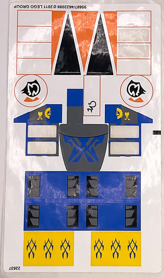 Sticker sheet with orange, blue, black, and yellow decals for LEGO podracing set including cockpit details and flame patterns