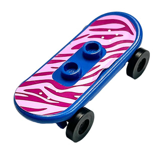 Minifigure, Utensil Skateboard Deck with Magenta and Bright Pink Tiger Stripes Pattern (Sticker) with Black Wheels (42511pb18 / 2496), Part# 42511c01pb18 Part LEGO® Blue