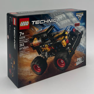 LEGO Technic Monster Jam Grave Digger set box showing black and yellow monster truck with large red wheels and pull-back acti