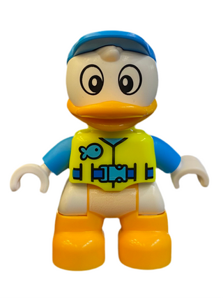 Duplo Figure Lego Ville, Dewey Duck, Neon Yellow Life Jacket, Dark Azure Arms and Cap Minifigure LEGO®