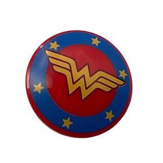 Circular/Round Convex Face Shield with Blue Border and Bright Light Orange Stars and Wonder Woman Pattern, LEGO® Minifigure Shield, Part# 75902pb10