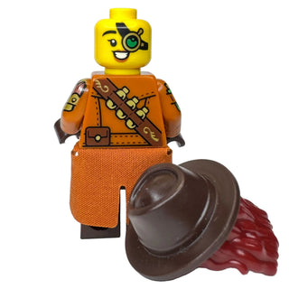 Yellow LEGO minifigure head with monocle and grinning expression on orange torso with brown ammunition belt, brown arms, oran