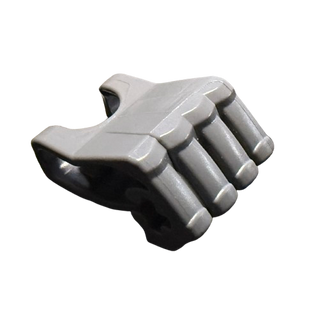 Gray and black robotic fist with four cylindrical fingers and an axle hole for assembly.