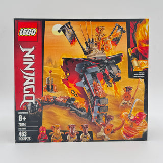 LEGO NINJAGO Fire Fang set box featuring red and black mech vehicle with flame details and four minifigures.