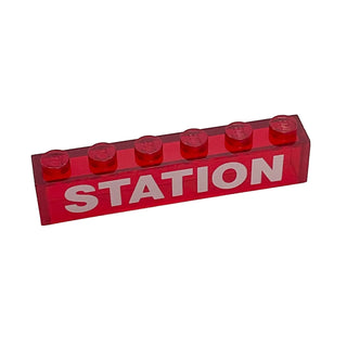 Brick 1 x 6 without Bottom Tubes with White 'STATION' Pattern, Part# 3067pb08