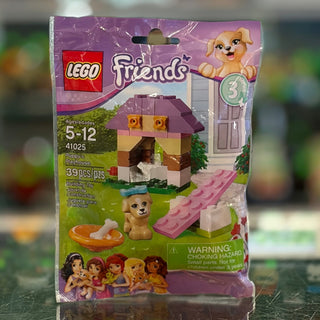 LEGO Friends Puppy's Playhouse set 41025 package showing small brick house with tan and purple roof, puppy figurine, and acce