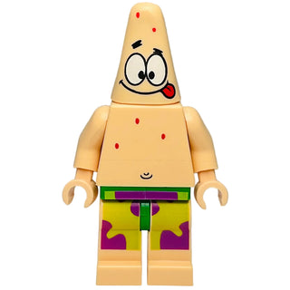 LEGO Patrick minifigure with tan cone-shaped head, wide eyes, red tongue extended, tan body with red spots, and yellow shorts