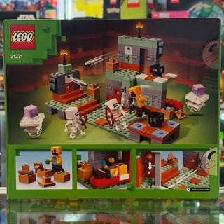 LEGO Minecraft set 21271 featuring a trial chamber with brick structures, minifigures, and detailed room components.