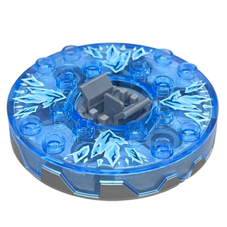 Ninjago Spinner Turntable 6 x 6 x 1 1/3 Round Base Serrated with Trans-Medium Blue Top with Ice Shards Pattern, Part# 98318c14pb01 Part LEGO® Flat Silver with Trans-Clear Plate Round Bottom Very Good