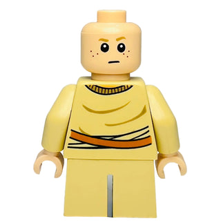 LEGO minifigure with yellow head, torso, and legs, featuring printed facial details and torso design with orange and black li