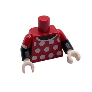 Torso Red Dress Top with White Collar and Polka Dots Front and Back Pattern / Black Arms with Red Short Sleeves with White Cuff Pattern / White Hands, Part# 973pb2428c01 Part LEGO® Red