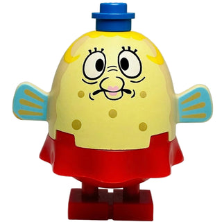 LEGO minifigure with yellow rounded head, blue hat, wide eyes, pink nose, turquoise fins, and red dress.