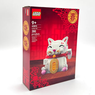 LEGO Lucky Cat set 40813 building toy with 280 pieces, featuring white cat figure with raised paw and gold coin charm.