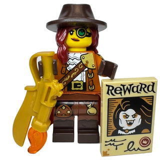 LEGO minifigure with yellow face, red hair, brown hat, brown outfit, holding yellow crossbow and reward poster accessory.
