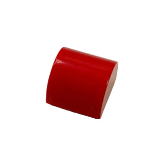 Red curved slope brick with double-sided design, 1 x 1 x 2/3 dimensions.