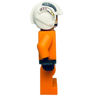 White and cream ceramic head with dark hair and red lips on orange rectangular body with navy accents.