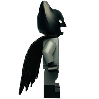 LEGO Batman minifigure with dark bluish gray suit, black cowl with white eyes, black cape, and black boots.