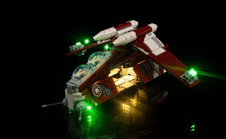 LEGO Coruscant Guard Gunship with green and warm white LED lights installed throughout the spacecraft structure.