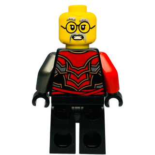 LEGO Ninjago minifigure with yellow head, glasses, mustache, red and black armor torso, black legs, and red and black shoulde