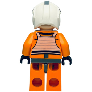 Minifigure with white helmet, orange torso with striped chest armor, navy arms, and orange legs with red circular details.