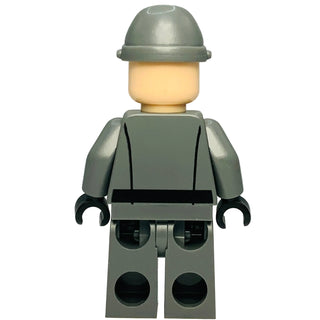 LEGO minifigure with gray helmet, gray torso, black belt, gray legs with black circles, and tan head.
