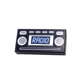 Tile 1 x 2 with Light Blue 'RADIO' and Silver Buttons Pattern, Part# 3069pb0348