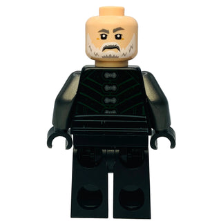Minifigure with tan head featuring black eyebrows and mustache, black torso with chest detailing, and black legs.