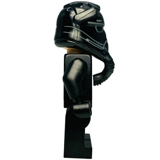 Black TIE Fighter pilot minifigure with white stripe markings on helmet, displayed on stand.