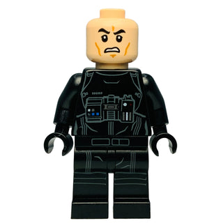 Yellow minifigure head with angry expression and two lines on sides, black pilot suit with cockpit details, black legs and ha
